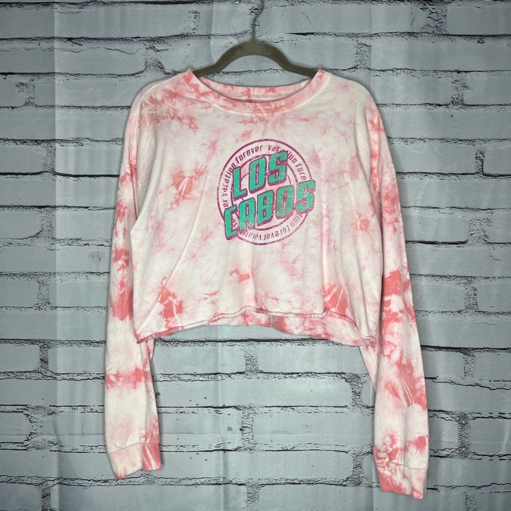 Forever 21 Pink & White Tie‑Dye Fitted Crop Top L Long Sleeve Y2K Summer Tee
